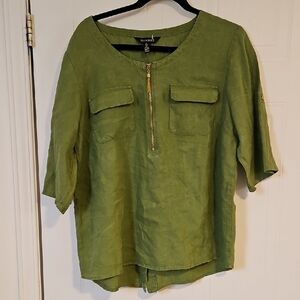 Ellen Tracy womens Large Green Flax Top Blouse 100% Linen Rolled Tab Sleeve
